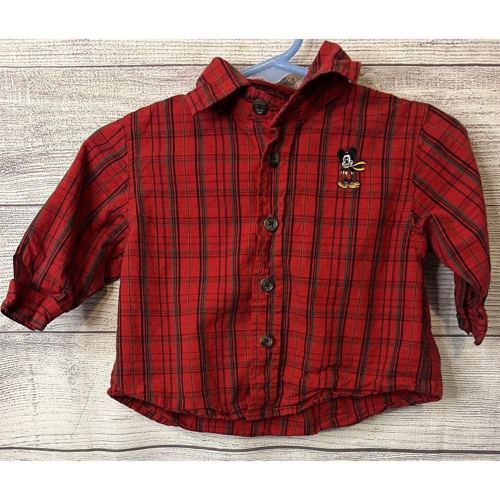 Authentic Disney Baby Store Exclusive Red Green Plaid Button Up Baby Shirt 3-6 M